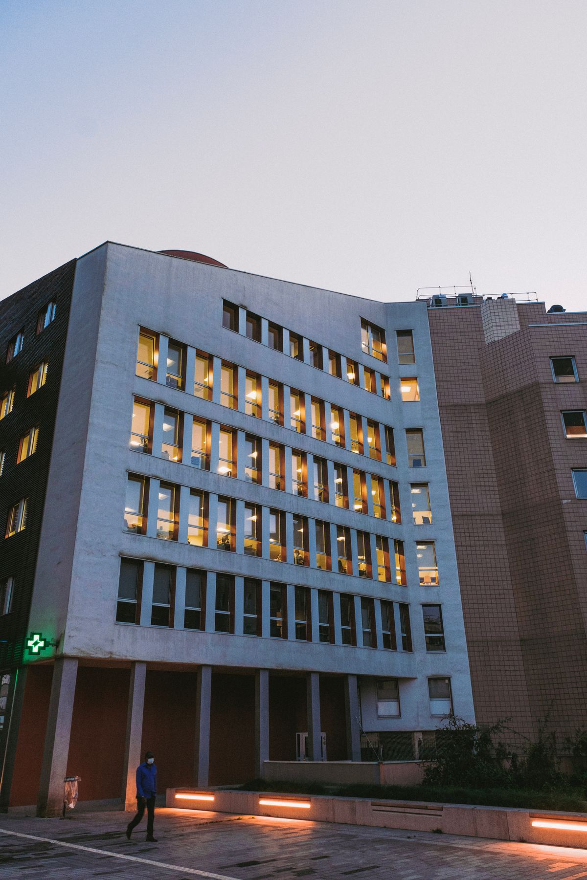 Modern glass hospital building exterior